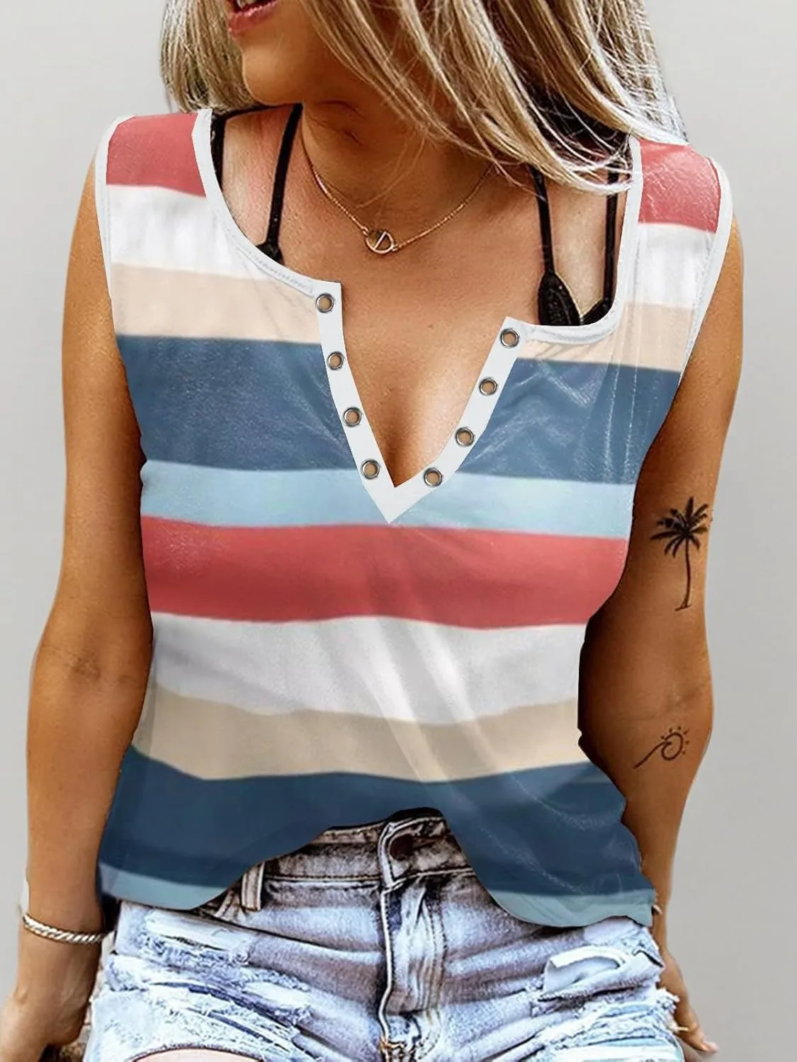 ETCYY Women Sleeveless V Neck Tank Tops Floral Print Loose Fit Causal Summer Country Music Ring Hole T Shirts