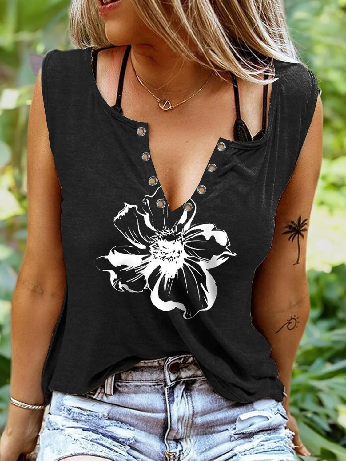 ETCYY Women Sleeveless V Neck Tank Tops Floral Print Loose Fit Causal Summer Country Music Ring Hole T Shirts