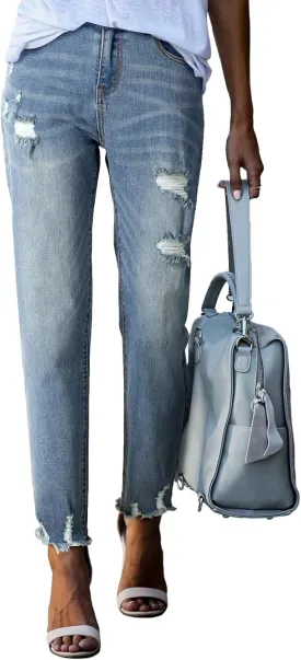EVALESS Womens Jeans High Waisted Stretchy Ripped Distressed Tummy Control Straight Ankle Jean for Women Trendy 2025