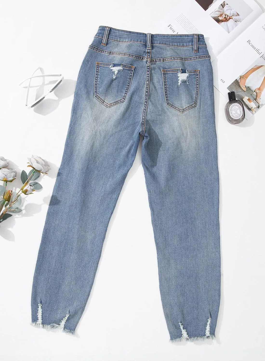 EVALESS Womens Jeans High Waisted Stretchy Ripped Distressed Tummy Control Straight Ankle Jean for Women Trendy 2025