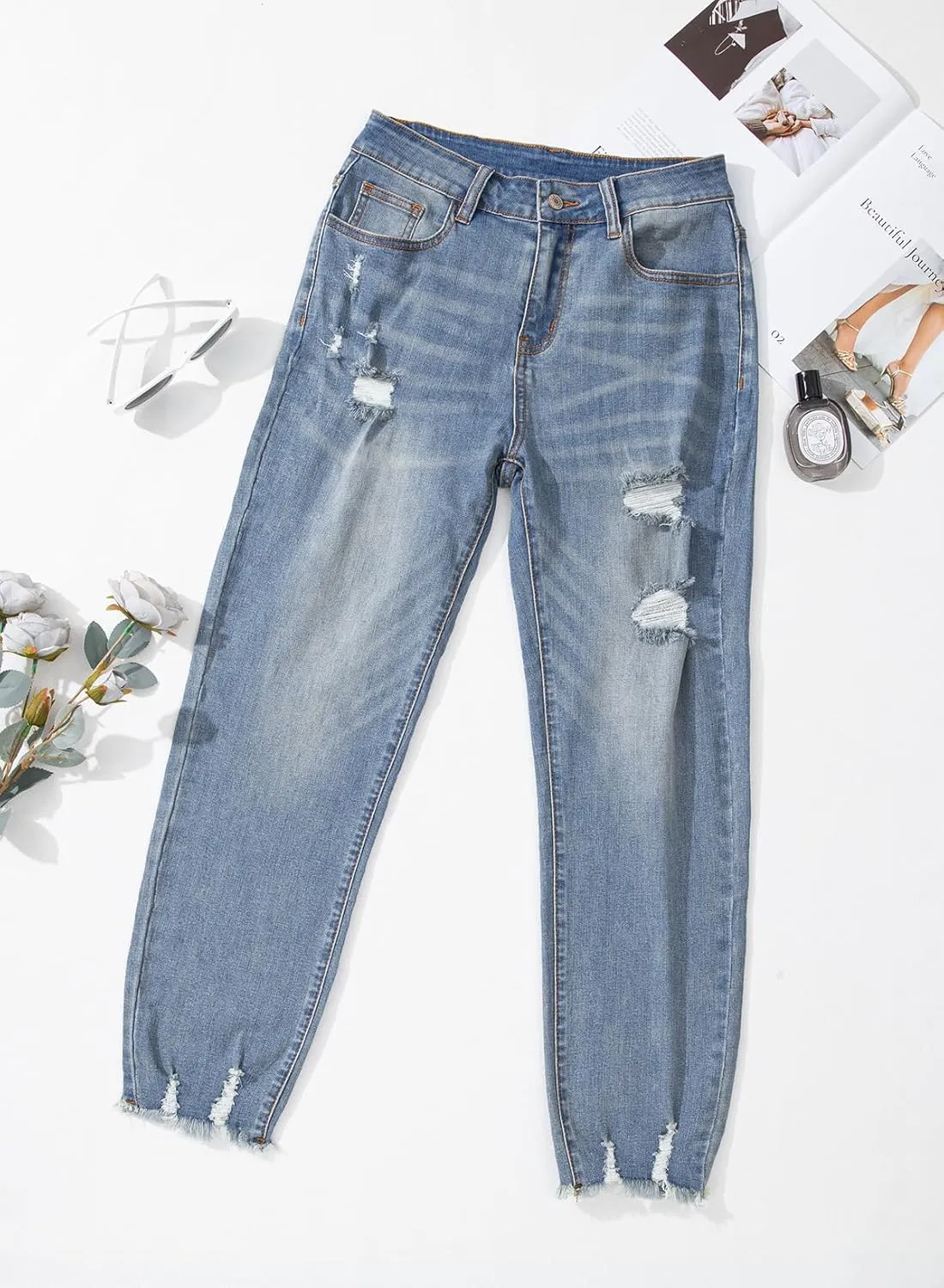 EVALESS Womens Jeans High Waisted Stretchy Ripped Distressed Tummy Control Straight Ankle Jean for Women Trendy 2025