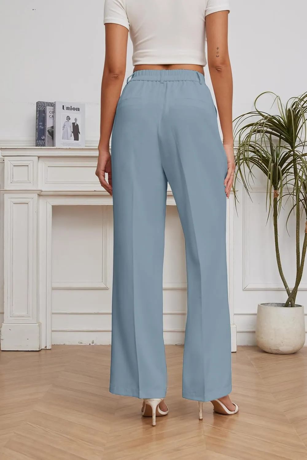 FUNYYZO Women Suit Pants Wide Leg Pants High Elastic Waisted in The Back Business Work Trousers Long Straight