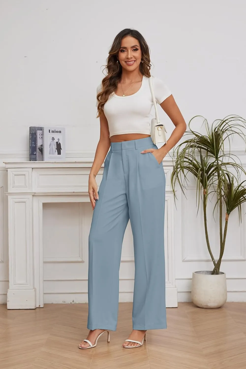 FUNYYZO Women Suit Pants Wide Leg Pants High Elastic Waisted in The Back Business Work Trousers Long Straight