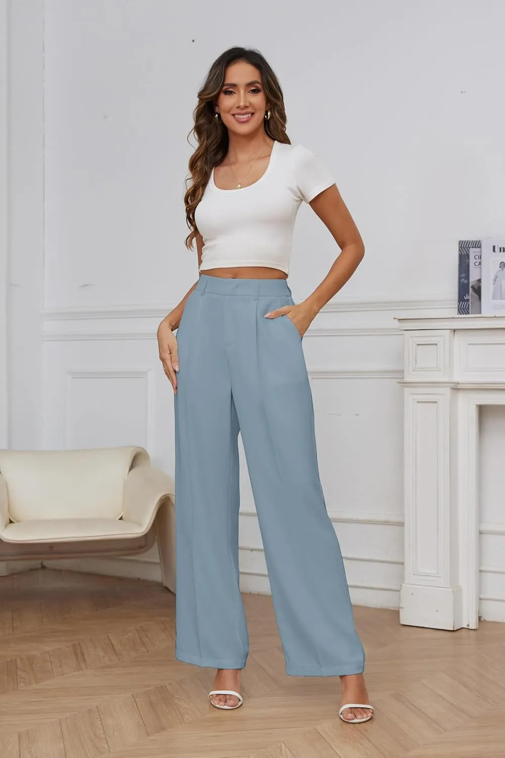 FUNYYZO Women Suit Pants Wide Leg Pants High Elastic Waisted in The Back Business Work Trousers Long Straight