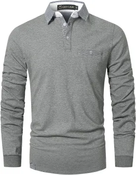 GHYUGR Men's Classic Plaid Splicing Long Sleeve Golf Polo Real Pocket Business Casual T-Shirt