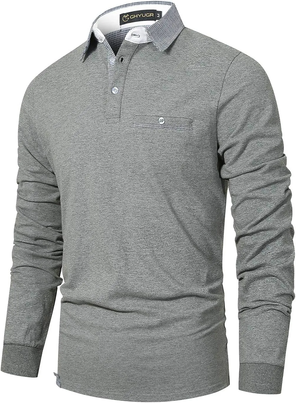 GHYUGR Men's Classic Plaid Splicing Long Sleeve Golf Polo Real Pocket Business Casual T-Shirt