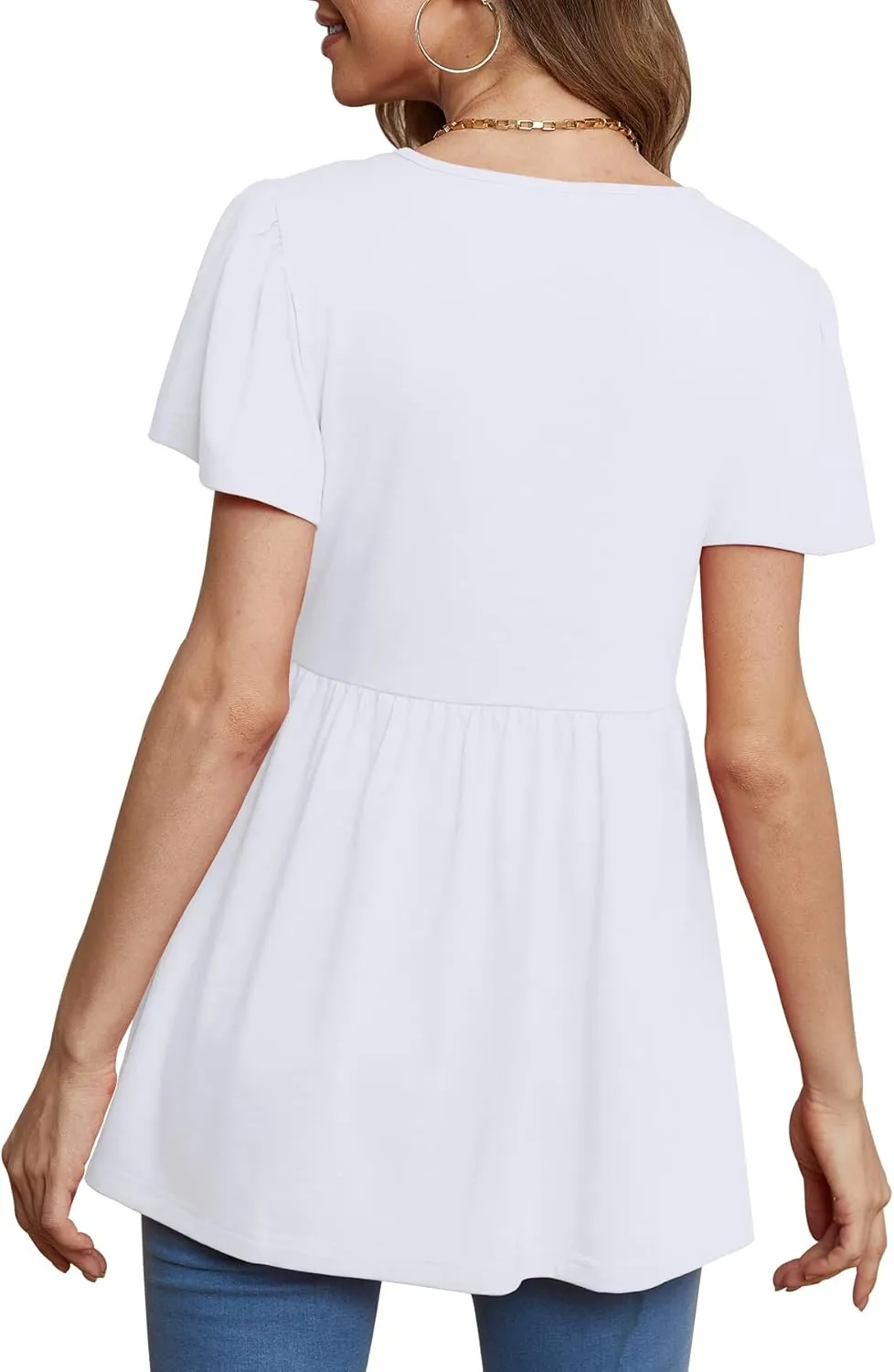 Glanzition Women Ruffle Short Sleeve V Neck Oversized Shirt Tunic Babydoll Tops