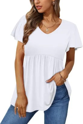 Glanzition Women Ruffle Short Sleeve V Neck Oversized Shirt Tunic Babydoll Tops