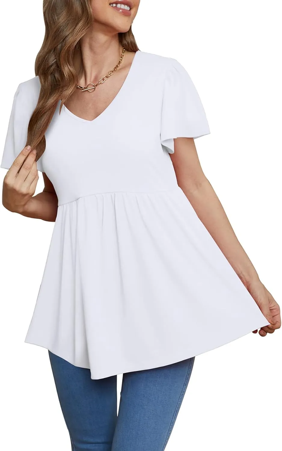 Glanzition Women Ruffle Short Sleeve V Neck Oversized Shirt Tunic Babydoll Tops