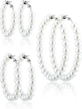 Hicarer 3 Pairs Pearl Hoop Earrings Pearl Earrings for Women Girlfriend Brides Gift Silver Earring Needle