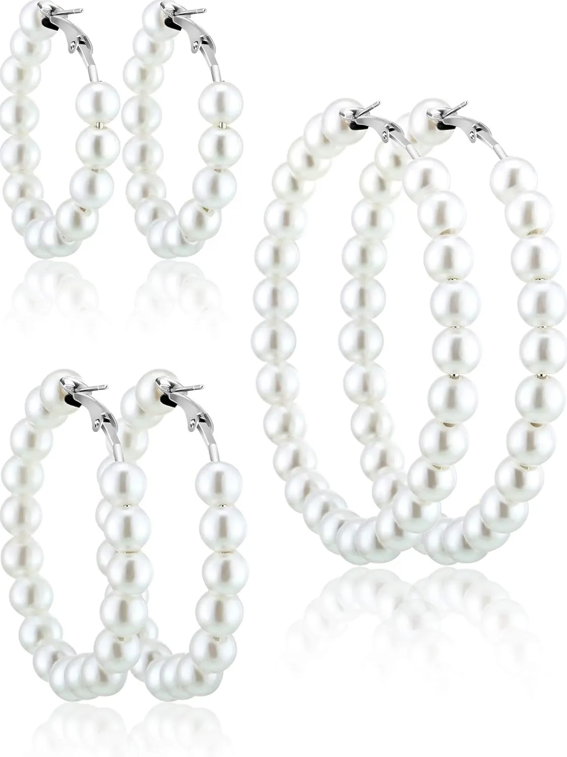 Hicarer 3 Pairs Pearl Hoop Earrings Pearl Earrings for Women Girlfriend Brides Gift Silver Earring Needle