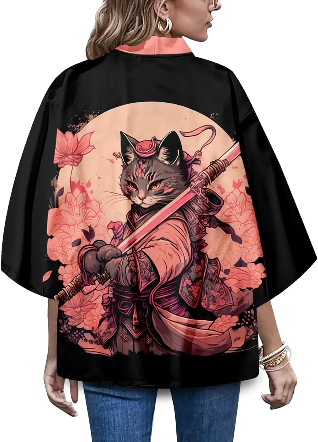 LAI MENG FIVE CATS Women's Funny Cute Cat Cardigan Lightweight Kimono Loose Cover up Blouse Tops