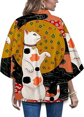 LAI MENG FIVE CATS Women's Funny Cute Cat Cardigan Lightweight Kimono Loose Cover up Blouse Tops