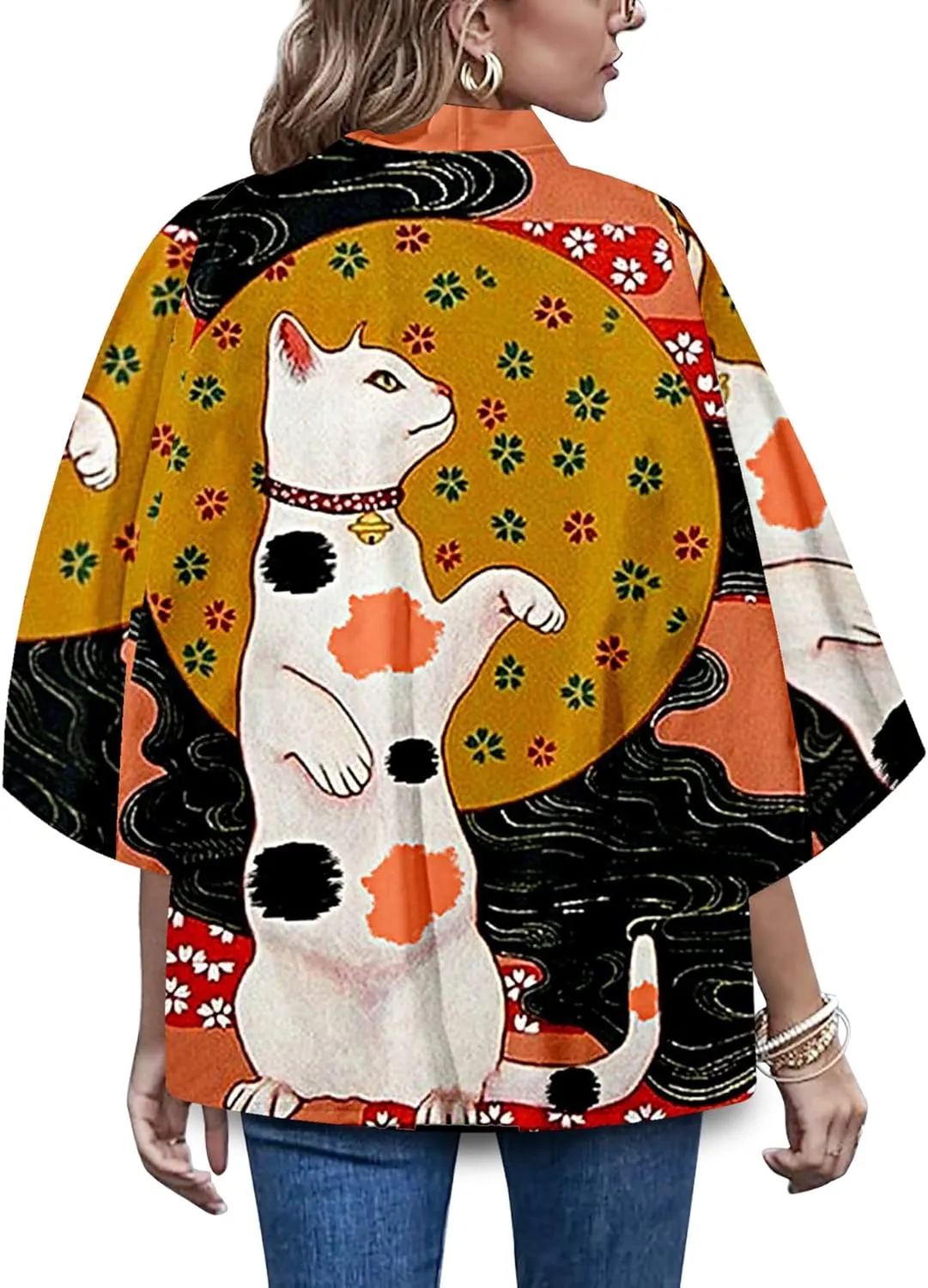 LAI MENG FIVE CATS Women's Funny Cute Cat Cardigan Lightweight Kimono Loose Cover up Blouse Tops
