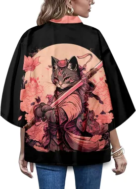 LAI MENG FIVE CATS Women's Funny Cute Cat Cardigan Lightweight Kimono Loose Cover up Blouse Tops