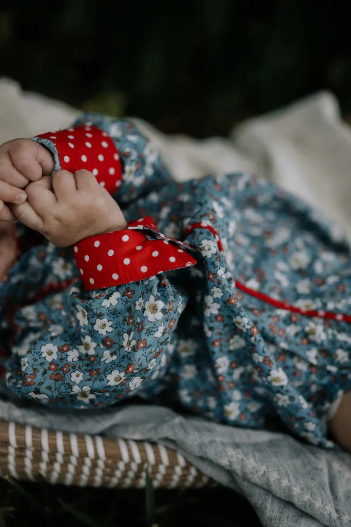 Little Windmill Paris Baby Floral Blues and Red Collar L/S Romper