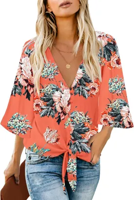 luvamia Women's V Neck Tops 3/4 Sleeve Tie Knot Floral Blouses Button Down Shirts