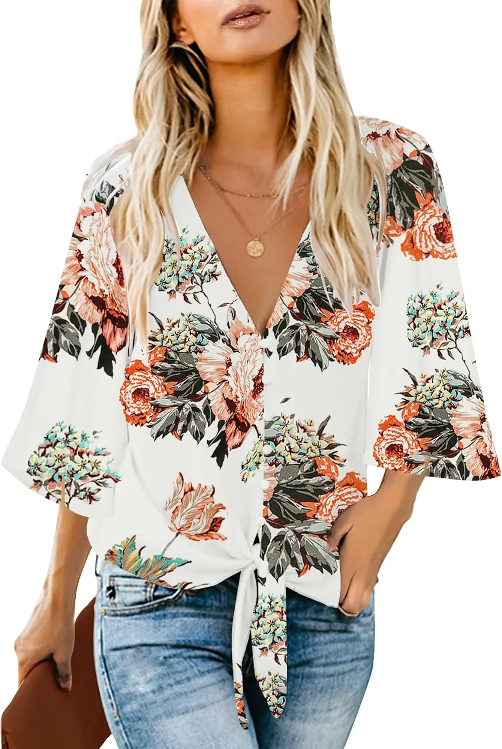 luvamia Women's V Neck Tops 3/4 Sleeve Tie Knot Floral Blouses Button Down Shirts