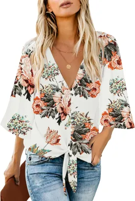 luvamia Women's V Neck Tops 3/4 Sleeve Tie Knot Floral Blouses Button Down Shirts