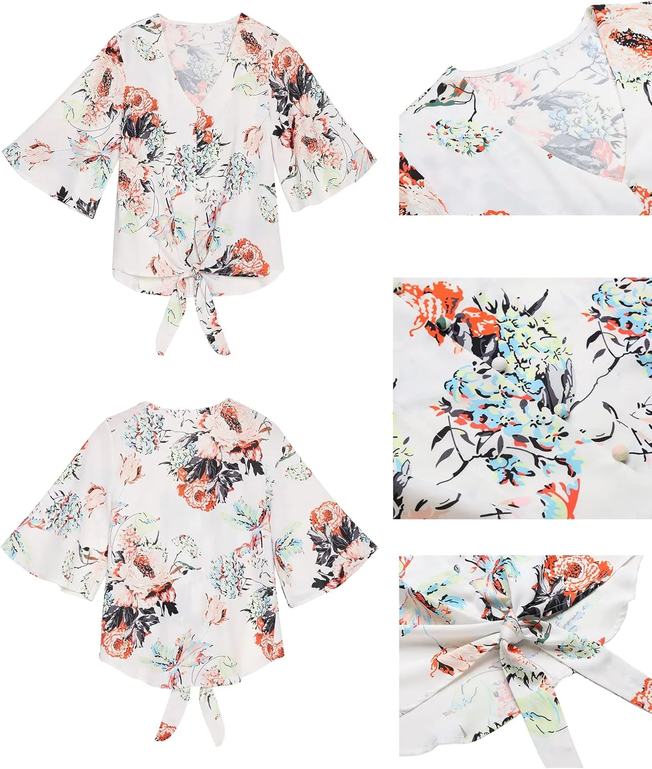 luvamia Women's V Neck Tops 3/4 Sleeve Tie Knot Floral Blouses Button Down Shirts