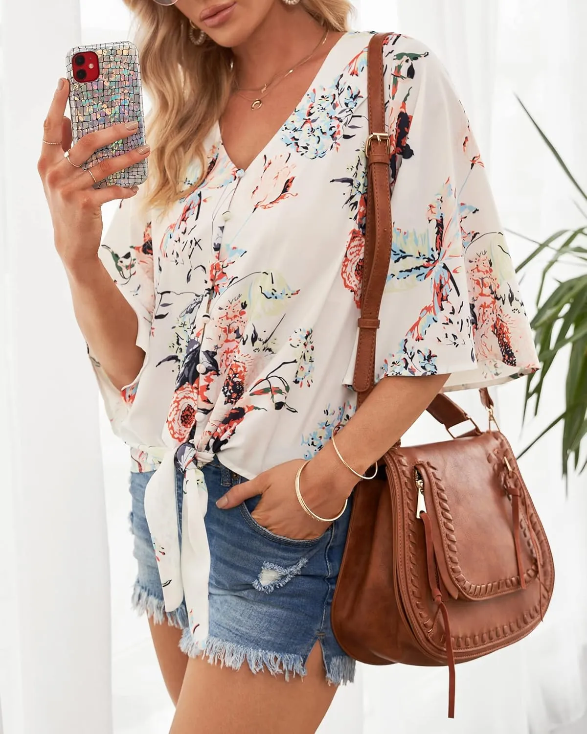 luvamia Women's V Neck Tops 3/4 Sleeve Tie Knot Floral Blouses Button Down Shirts