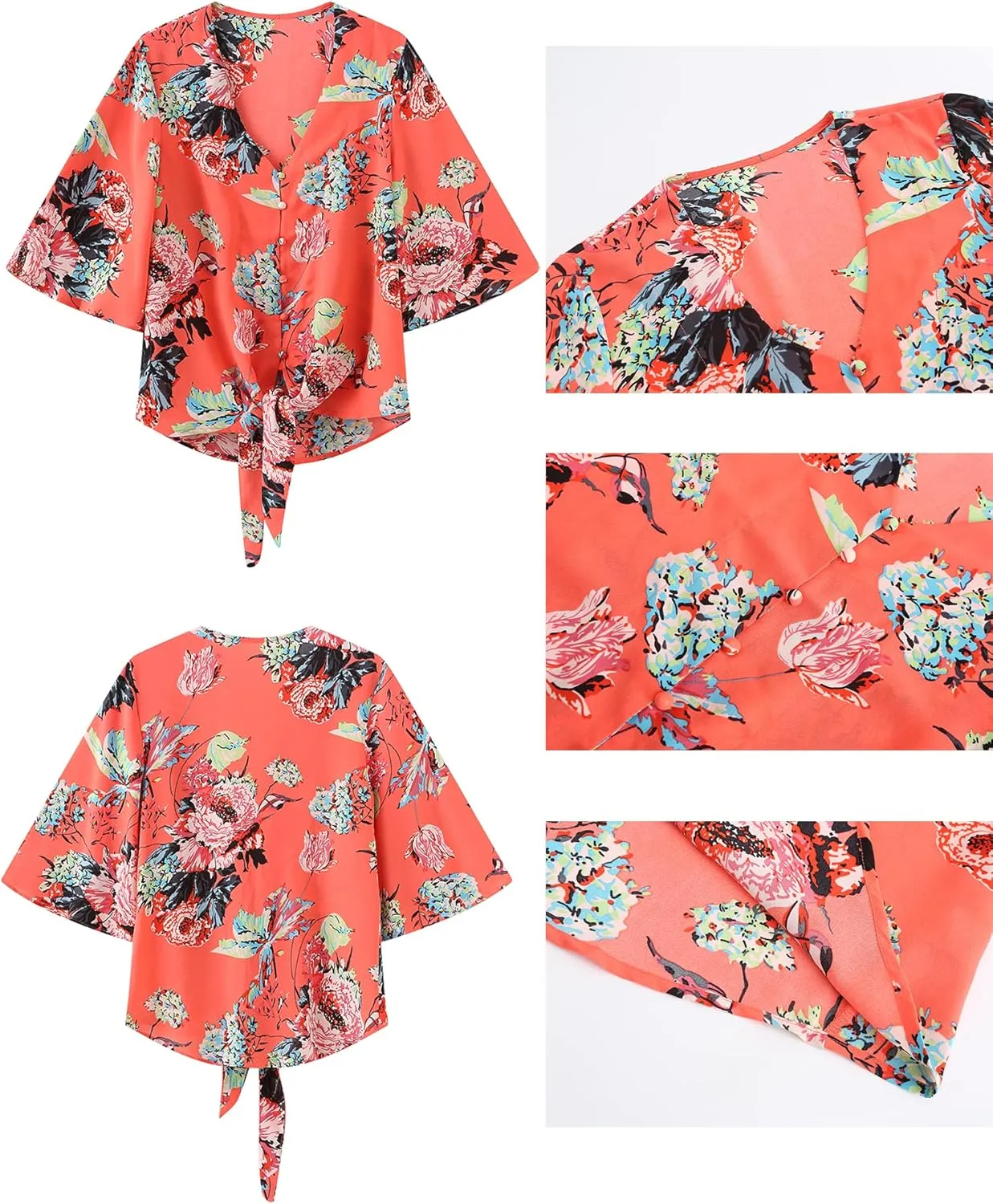 luvamia Women's V Neck Tops 3/4 Sleeve Tie Knot Floral Blouses Button Down Shirts