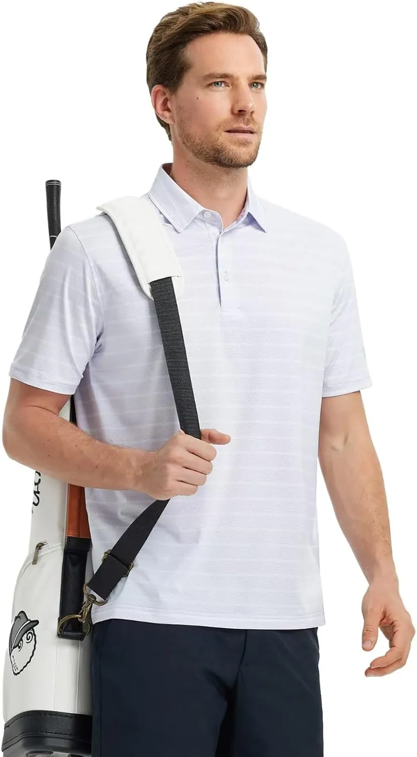 M MAELREG Men's Golf Shirts Moisture Wicking Dry Fit Lightweight Performance Short Sleeve Jacquard Striped Polo Shirts