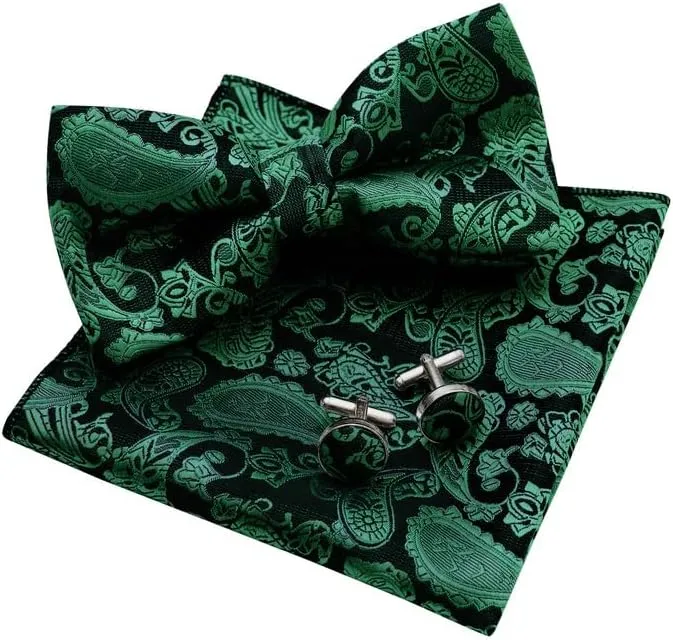 MAGE MALE Mens Bow Tie Set,Classic Paisley Pre-Tied Bowtie,Pocket Square and Cufflinks for Formal Wedding Party Prom