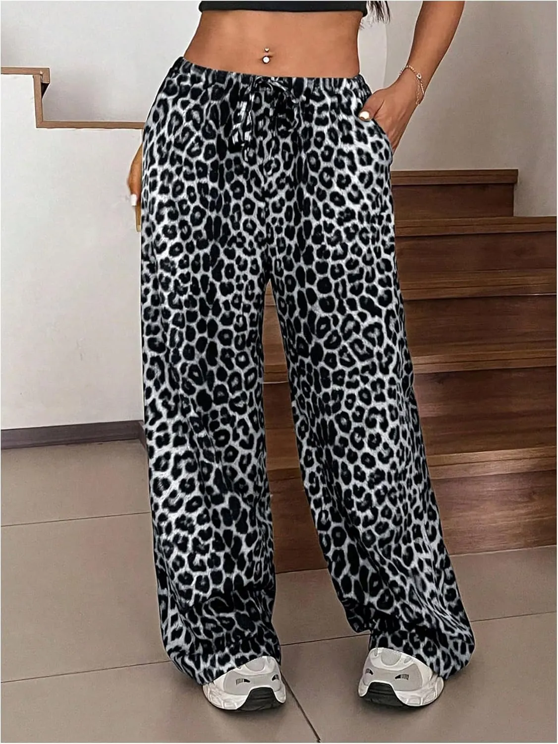 MakeMeChic Women's Plus Size Leopard Print Wide Leg Pants Casual Summer Drawstring Waist Trousers
