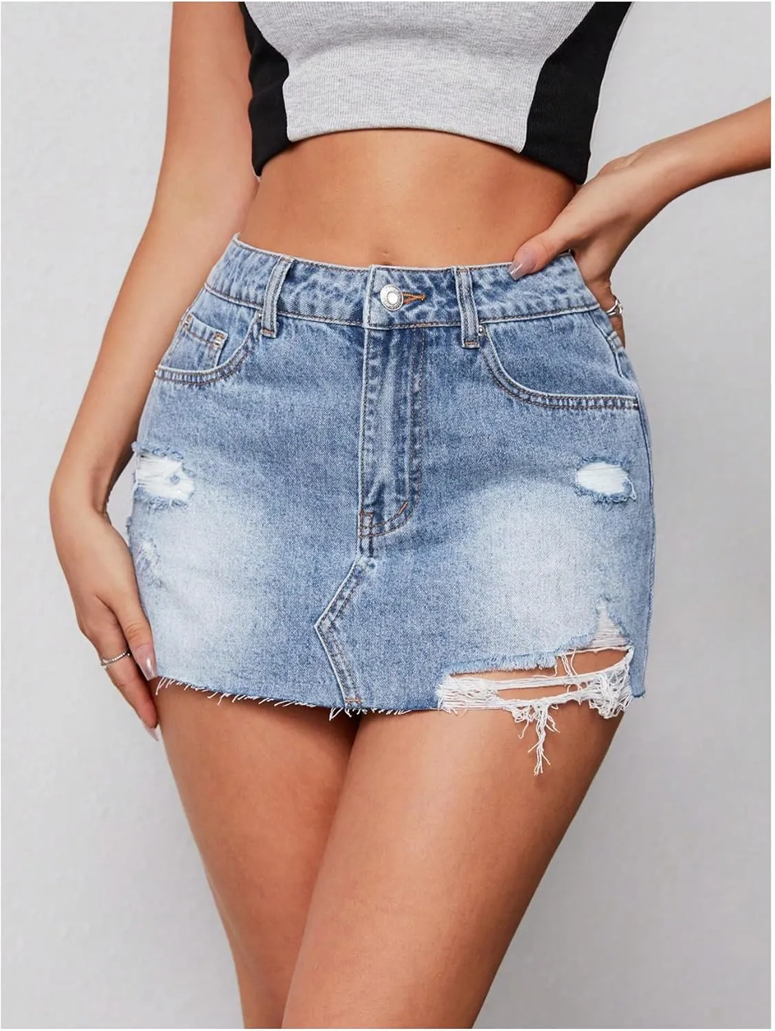 MakeMeChic Women's Ripped Distressed Trim Drop Waist Straight Hem Denim Mini Skirt