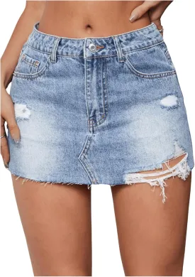 MakeMeChic Women's Ripped Distressed Trim Drop Waist Straight Hem Denim Mini Skirt