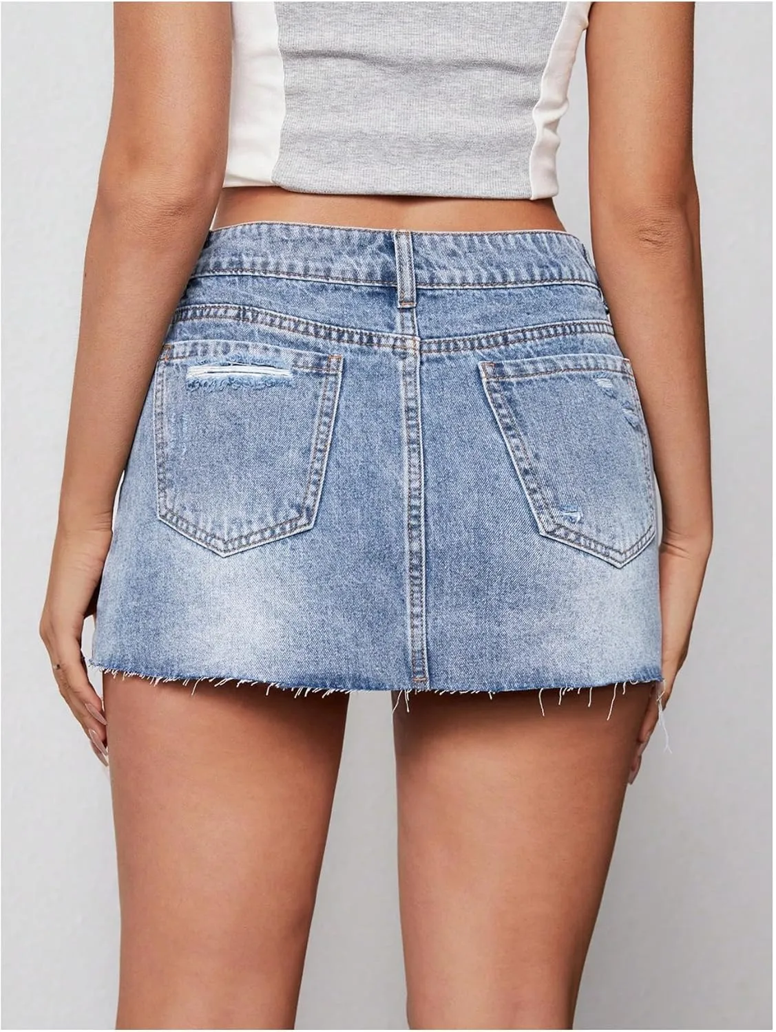 MakeMeChic Women's Ripped Distressed Trim Drop Waist Straight Hem Denim Mini Skirt
