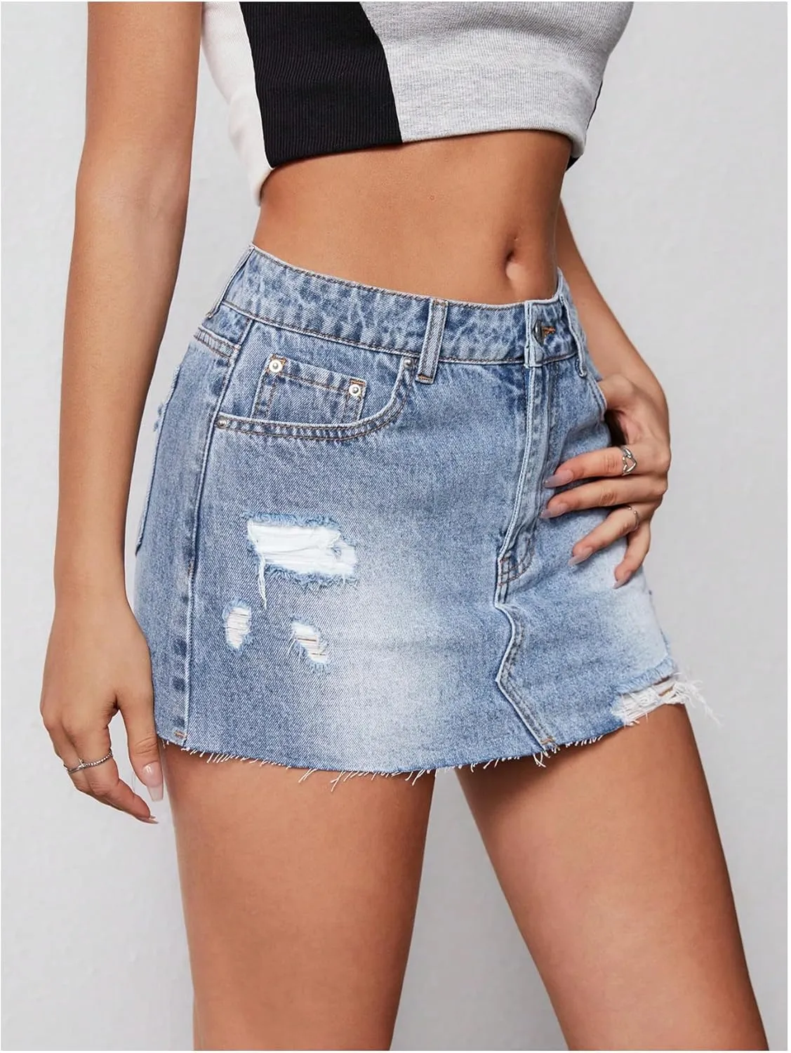 MakeMeChic Women's Ripped Distressed Trim Drop Waist Straight Hem Denim Mini Skirt