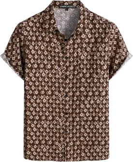 Men's Cotton Linen Vintage Pattern Printed Old Style Shirt Casual Short Sleeve Button Down Retro Shirts