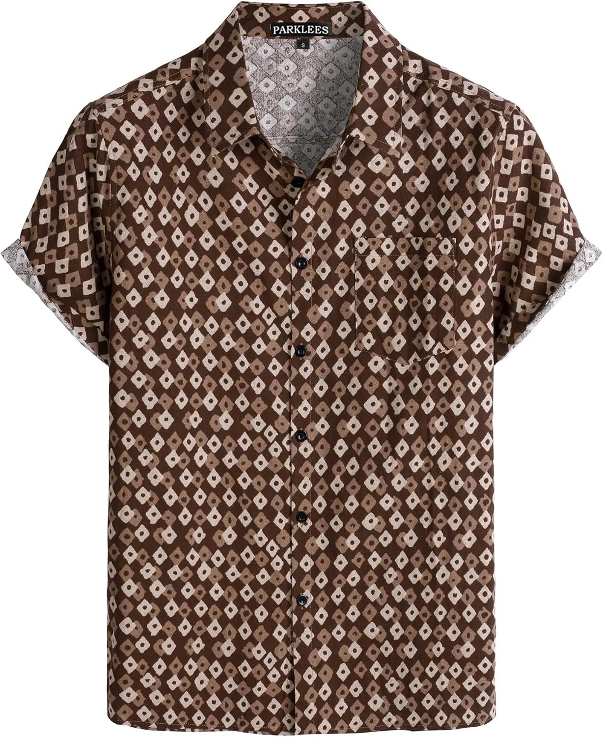 Men's Cotton Linen Vintage Pattern Printed Old Style Shirt Casual Short Sleeve Button Down Retro Shirts