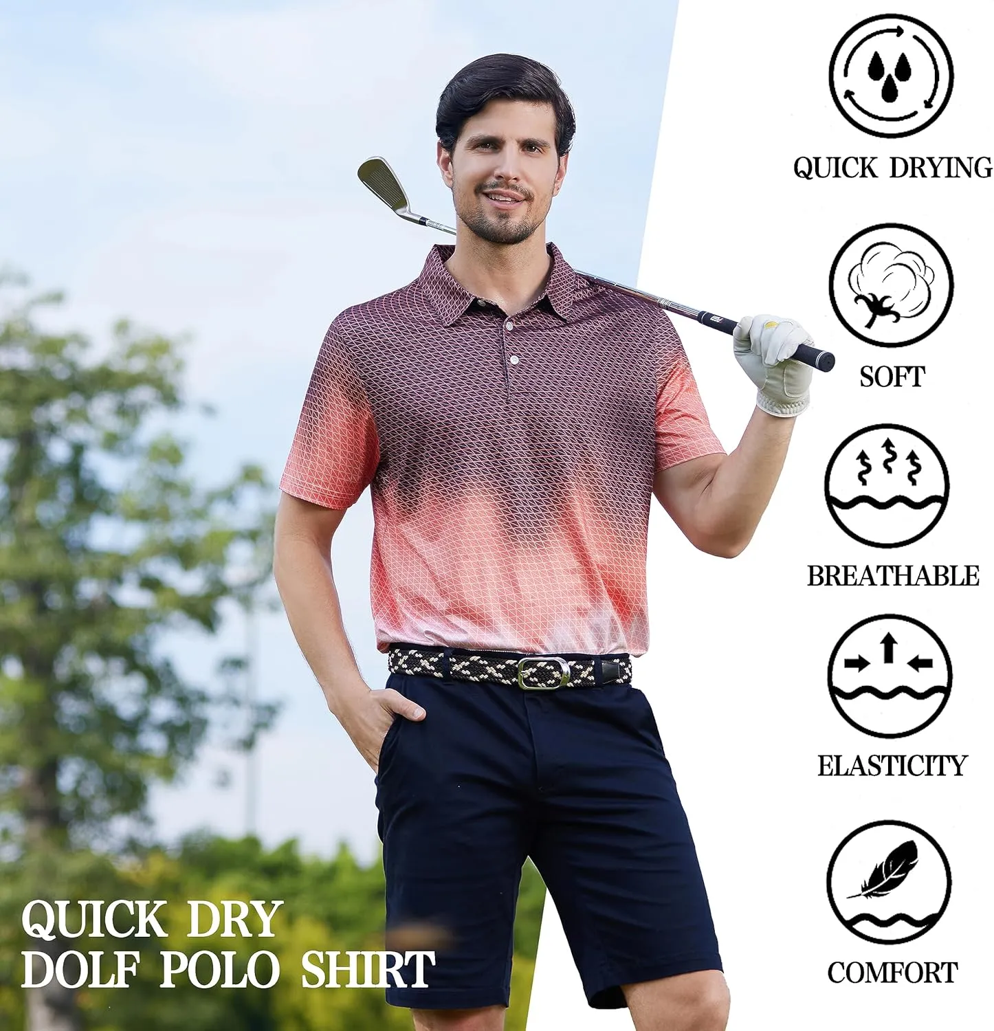 Mens Golf Shirt Moisture Wicking Dry Fit Print Performance Short Sleeve Polo Shirts for Men