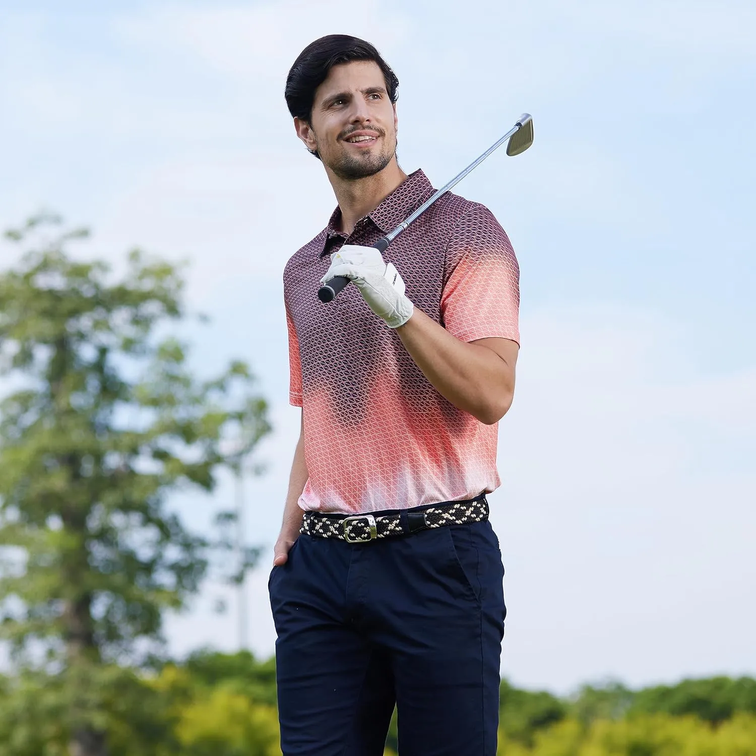 Mens Golf Shirt Moisture Wicking Dry Fit Print Performance Short Sleeve Polo Shirts for Men