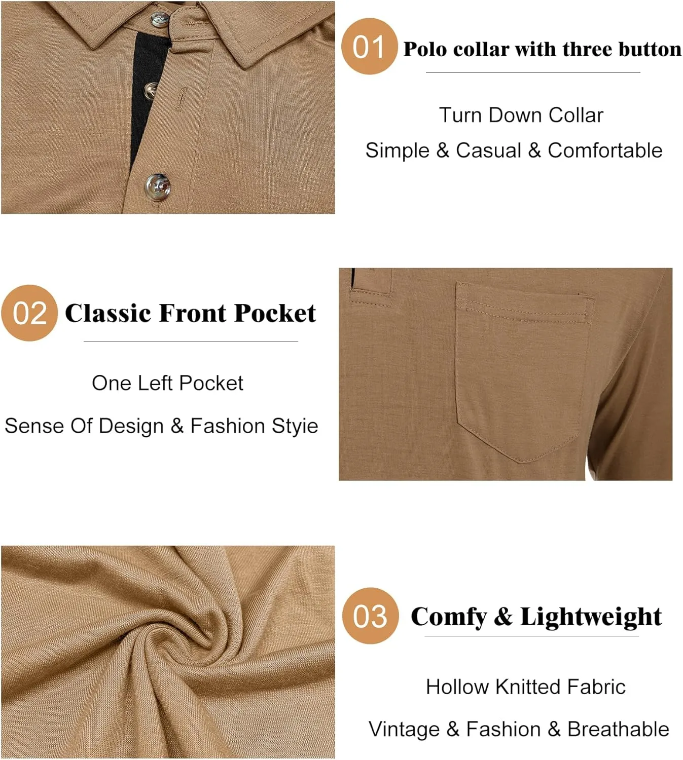 Men's Long Sleeve Polo Shirt with Pocket Fashion Button Polo T-Shirt Collared Athletic Work Casual Comfy Top Tee