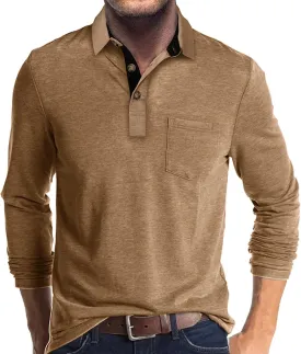 Men's Long Sleeve Polo Shirt with Pocket Fashion Button Polo T-Shirt Collared Athletic Work Casual Comfy Top Tee
