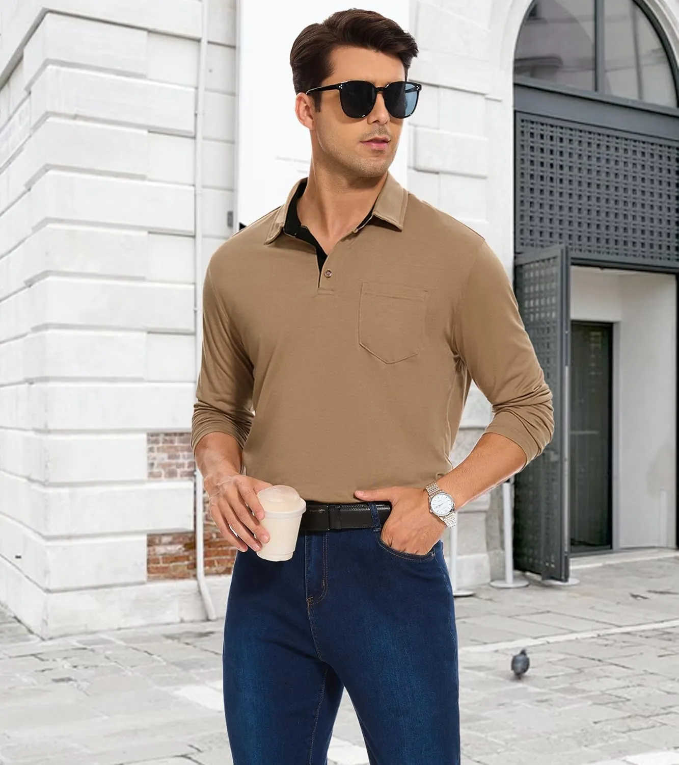 Men's Long Sleeve Polo Shirt with Pocket Fashion Button Polo T-Shirt Collared Athletic Work Casual Comfy Top Tee