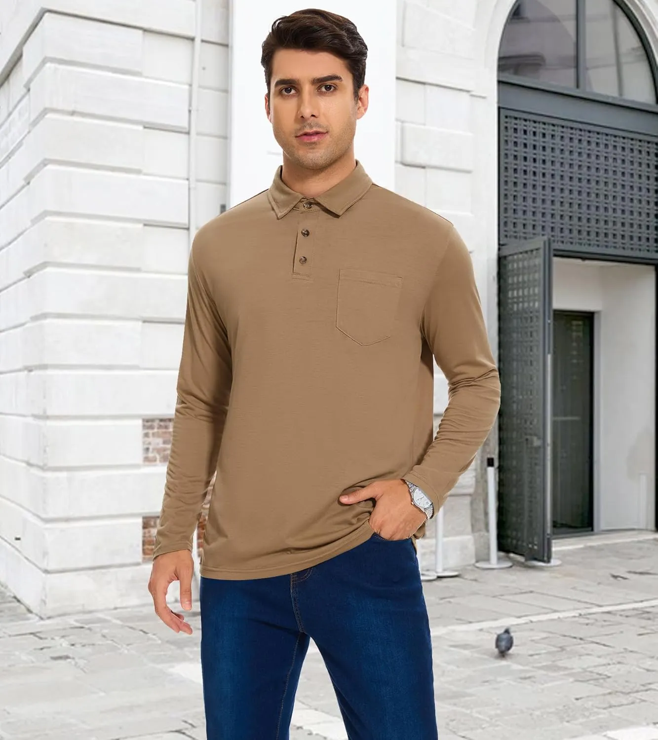 Men's Long Sleeve Polo Shirt with Pocket Fashion Button Polo T-Shirt Collared Athletic Work Casual Comfy Top Tee