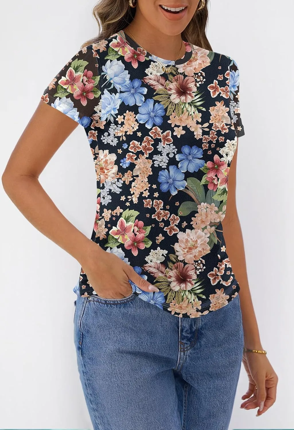MEROKEETY Women's 2025 Summer Spring Casual Short Sleeve T Shirt Trendy Sheer Mesh Boho Vacation Floral Blouse Tops