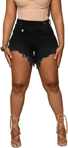 PINSV Women's High Waisted Crossover Denim Shorts