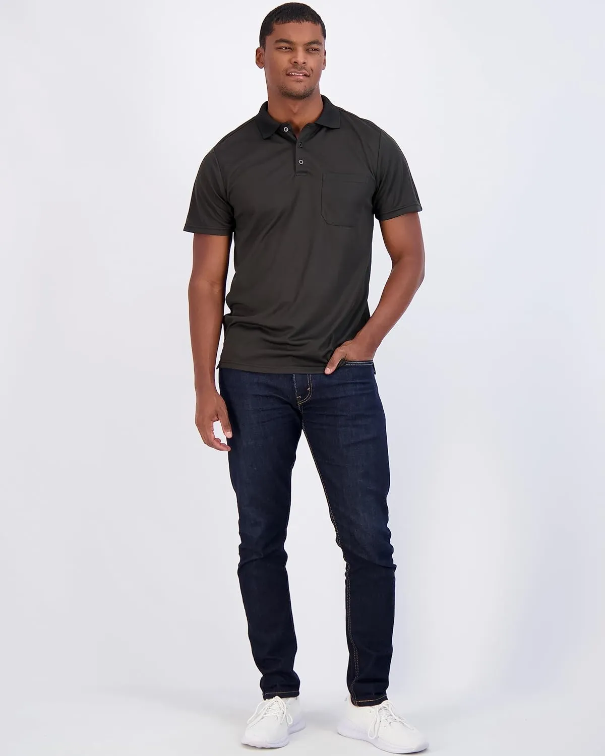 Real Essentials 3 Pack: Mens Short Sleeve Dry-Fit Collared Polo Shirt with Pocket - Active Casual (Available Big & Tall)