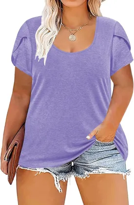 ROSRISS Womens Plus-Size Tops Summer Petal Short Sleeve Scoop Neck Shirts