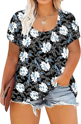 ROSRISS Womens Plus-Size Tops Summer Petal Short Sleeve Scoop Neck Shirts