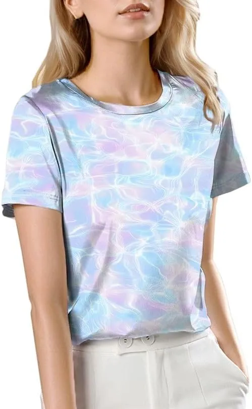 SANGTREE Women's Crew Neck Short Sleeve Satin Silk Blouse Tops