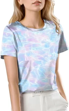 SANGTREE Women's Crew Neck Short Sleeve Satin Silk Blouse Tops