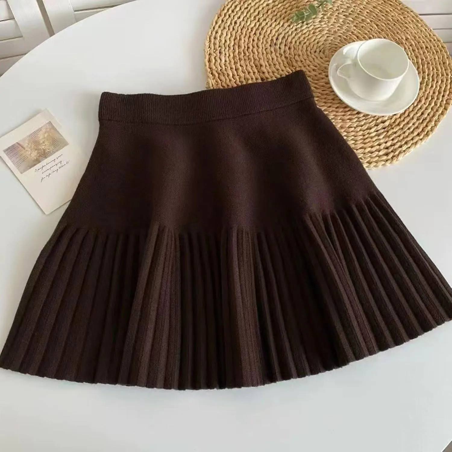 SANGTREE Women's Cute Stretchy Knit Short Pleated Solid Sweater Skirt