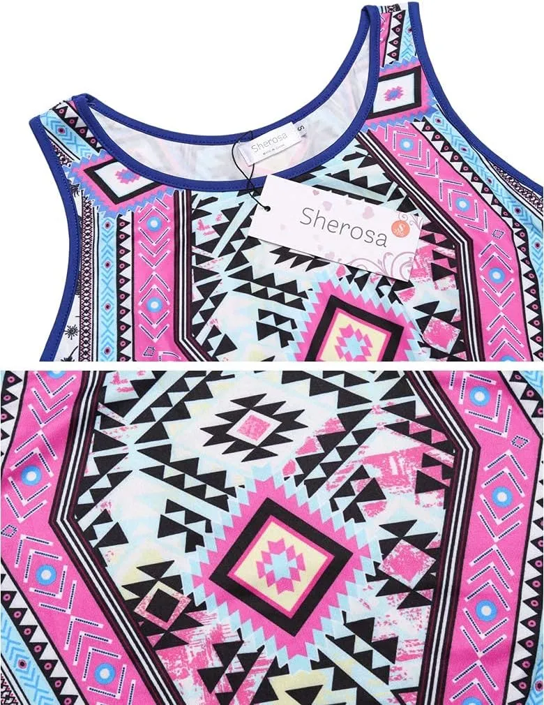 Sherosa Women Boho Chevron Striped Floral Printed Summer Sleeveless Tank Long Maxi Party Dress